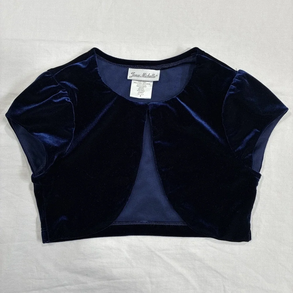 Jona Michelle Blue Velvet‎ Short Sleeve 1 Button Shrug Size Girls 8